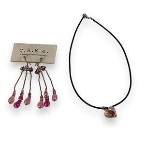 NWT CAKE by Ali-khan pink drop earrings Murano glass Heart necklace